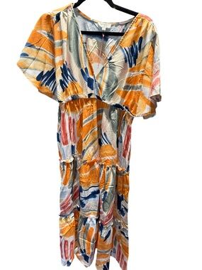Umber Multicolor Abstract Tiered Maxi Dress in Orange, Blue & Pink